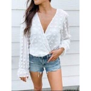 C+D+M Sheer White Pom Pom Polka Dot Long Sleeve V-Neck Blouse Size S